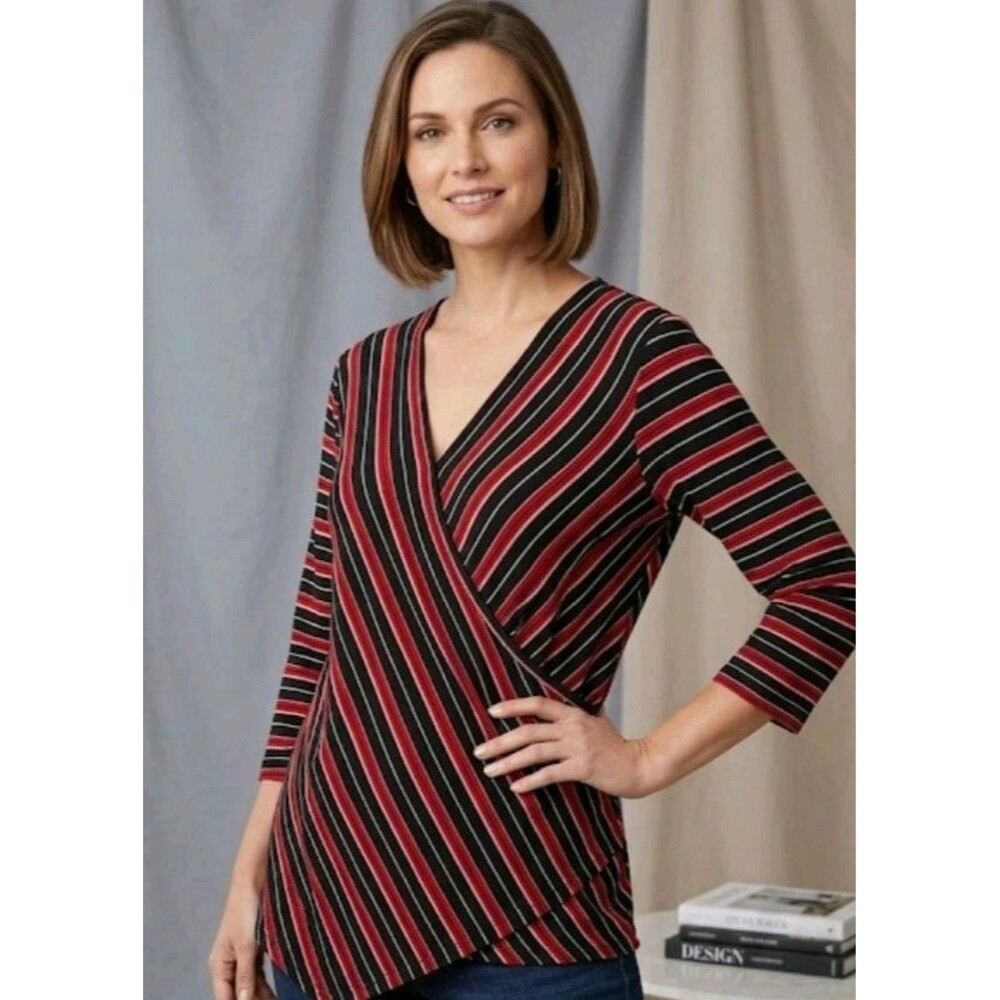 Lane Bryant  Faux Wrap Blouse Size 14/16 Striped Black Red White 3/4 Sleeve USA